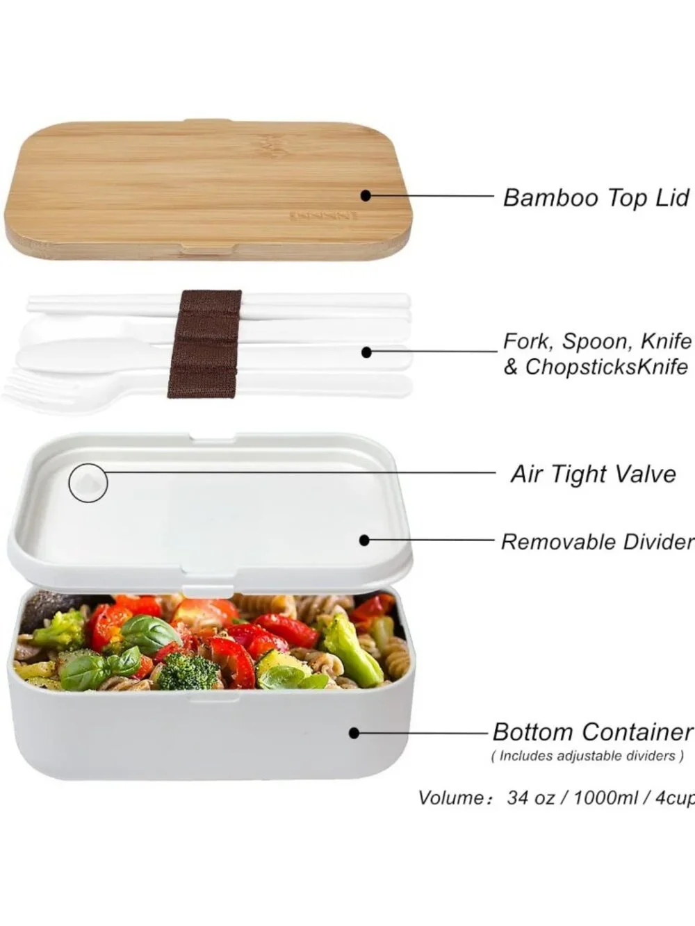 Stylish Bento Box Lunch Container - Bamboo Lid, Microwave & Dishwasher Safe